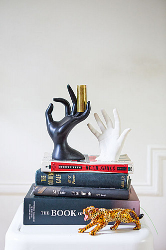 Books and Artefacts on the mantelpiece of Kavi and David’s house (The plaster cast is of their daughter’s hand, the leopard was bought in Kerala)
